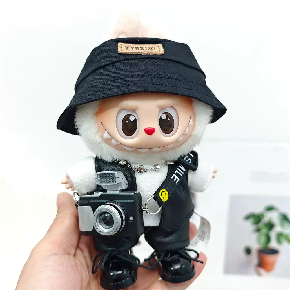 Labubu Outfit Set - Black Cool Overall & Fisherman Hat for 17cm Sitting Figures 1/2/3