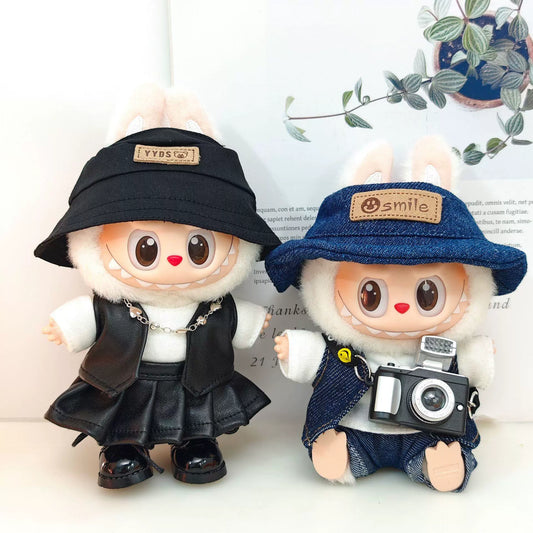 Labubu Outfit Set - Black Cool Overall & Fisherman Hat for 17cm Sitting Figures 1/2/3