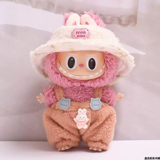 17cm Labubu Gen 1-3 Universal Fit Handmade Pink Bunny 3-Piece Set | Overalls + Hat + Mini Thermos Cup | Vinyl/Plush-Compatible Clothes Only for Collectible Dolls
