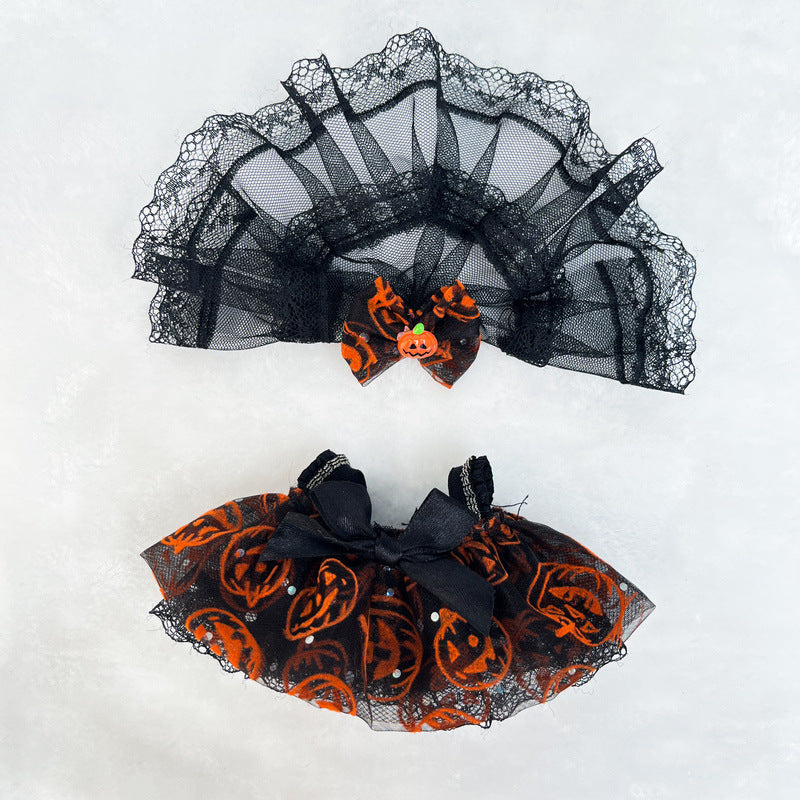 Spooky Bride Labubu Outfit - Lace Trimmed Pumpkin Pattern Black Dress with Detachable Veil (No Doll)