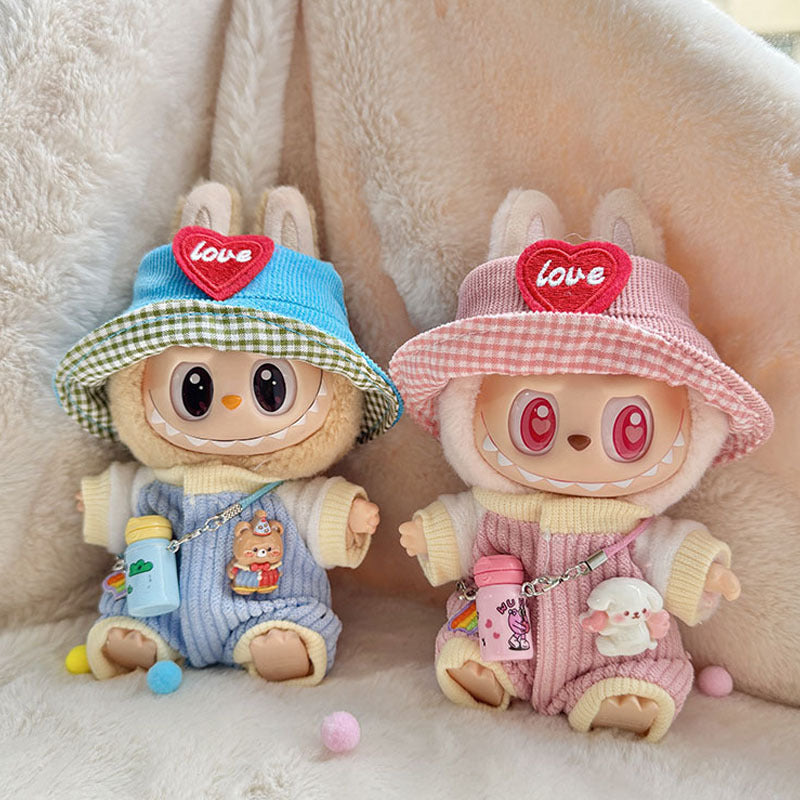 Labubu Series 1/2 Keychain Outfit - Heart Hat & Bottle Overalls Set for Doll Clothes