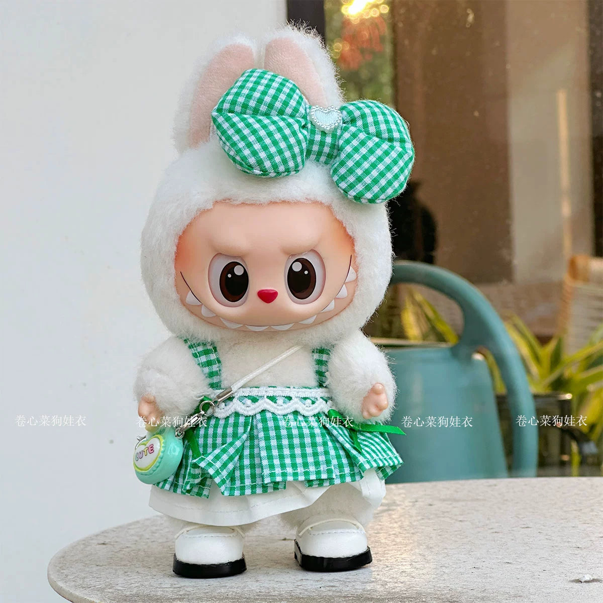 Labubu Sweet Plaid Dress Set - Green Skirt & Bow Outfit for Vinyl Doll Clothes