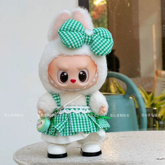 Labubu Sweet Plaid Dress Set - Green Skirt & Bow Outfit for Vinyl Doll Clothes