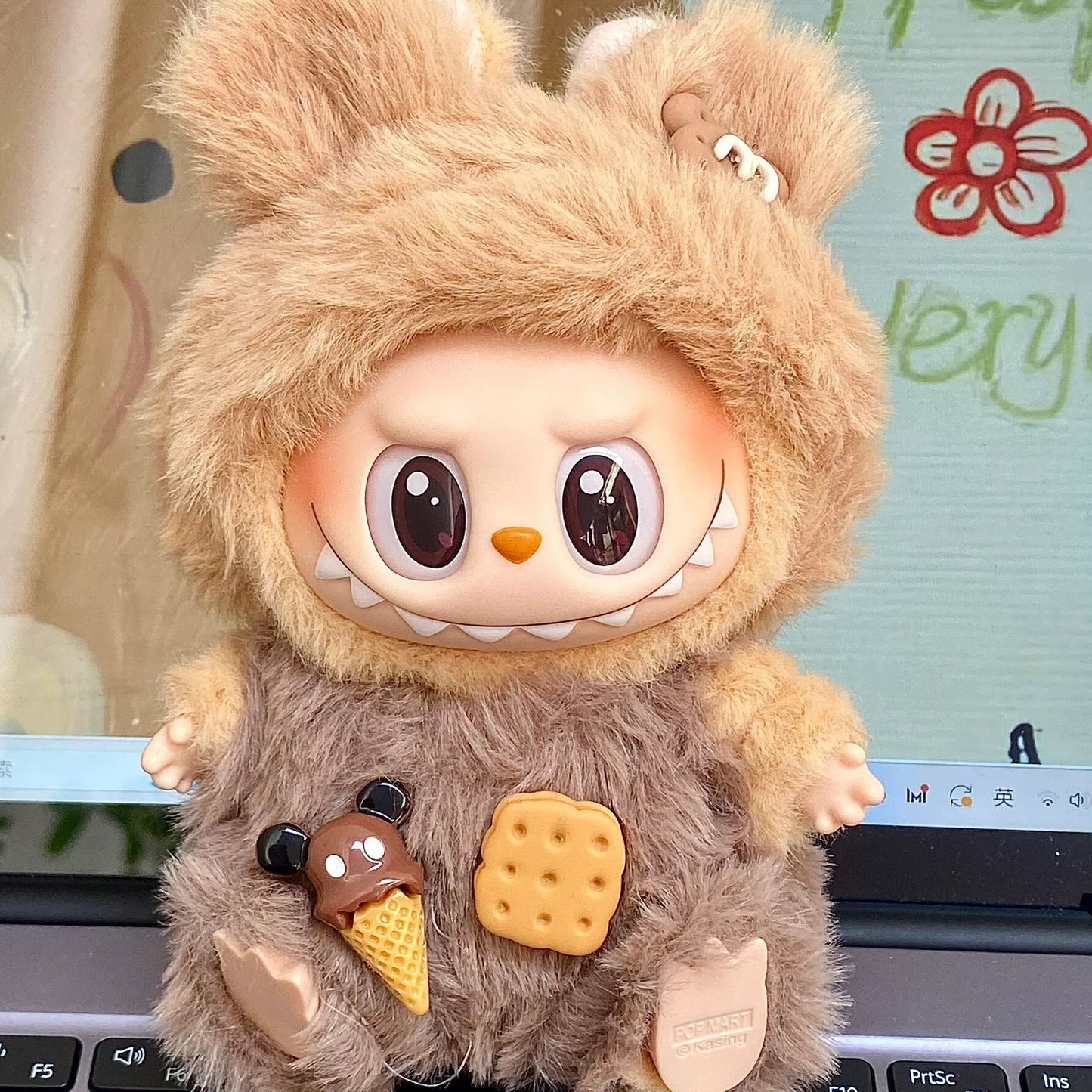 POP MART Labubu Doll Clothes Set - Teddy Bear Overalls + Hat w/Fuzzy Trim for Cotton & Vinyl Figures 17cm (No Doll Included) | Biscuit-Themed