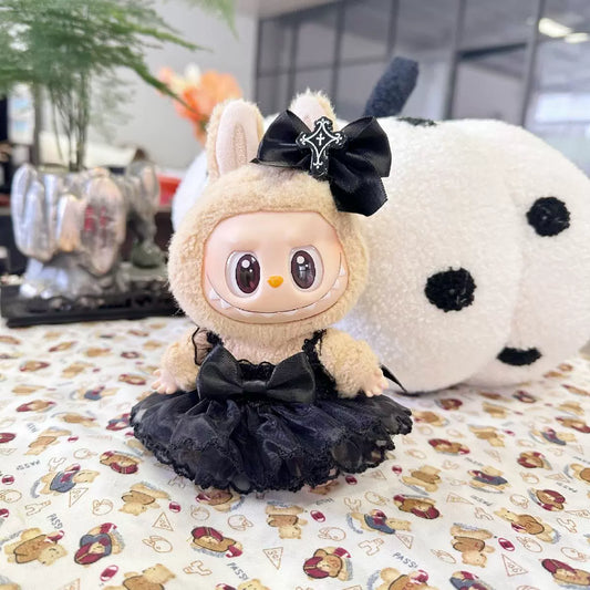 Labubu Halloween Outfit - Black Bat Chiffon Dress 2-Piece Set for Blind Box Keychain Doll