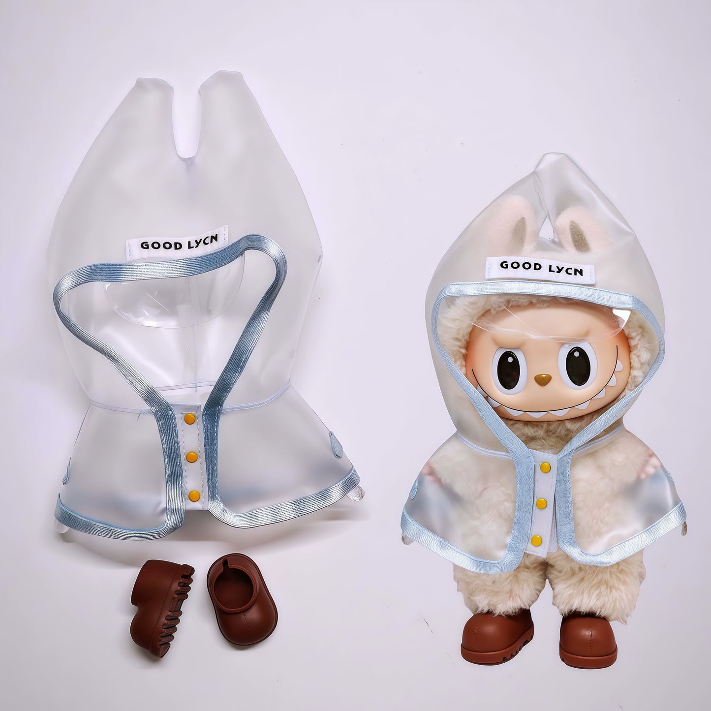 Pop Mart LABUBU Transparent Raincoat Outfit Set - Waterproof Coverall with Matching Boots for 1st/2nd/3rd Gen Vinyl Figures, Complete Protective Costume (17cm)