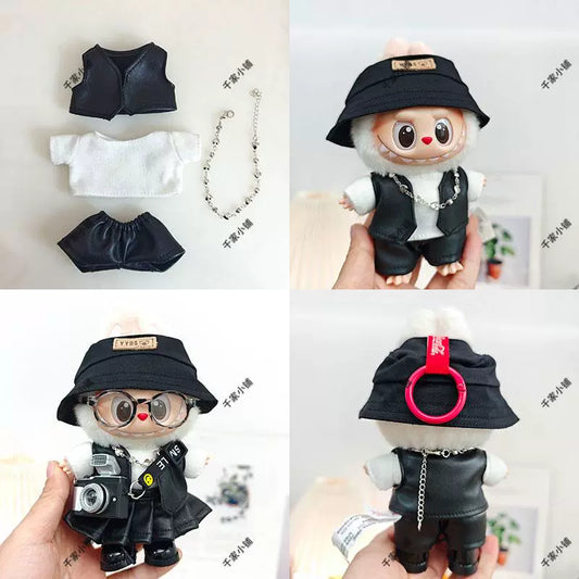 Labubu All Black Outfit 5-Piece Set - Leather Vest, Dress, Hat & Accessories