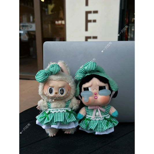 CRYBABY Tears Factory Outfit - Handmade Green Plaid Skirt & Bow for Plush Doll Clothes