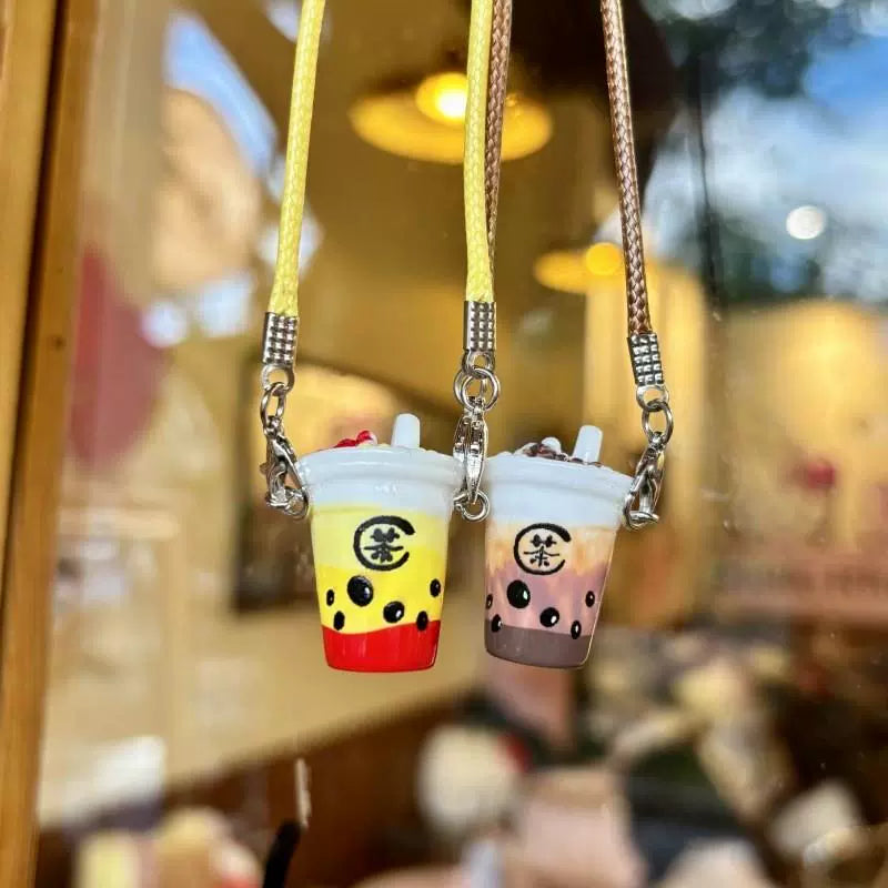 Resin Accessory: Mini Bubble Tea Cup Pendant, Tiny Doll Figurine, Miniature Doll Accessory & Cream-Colored Small Crossbody Bag