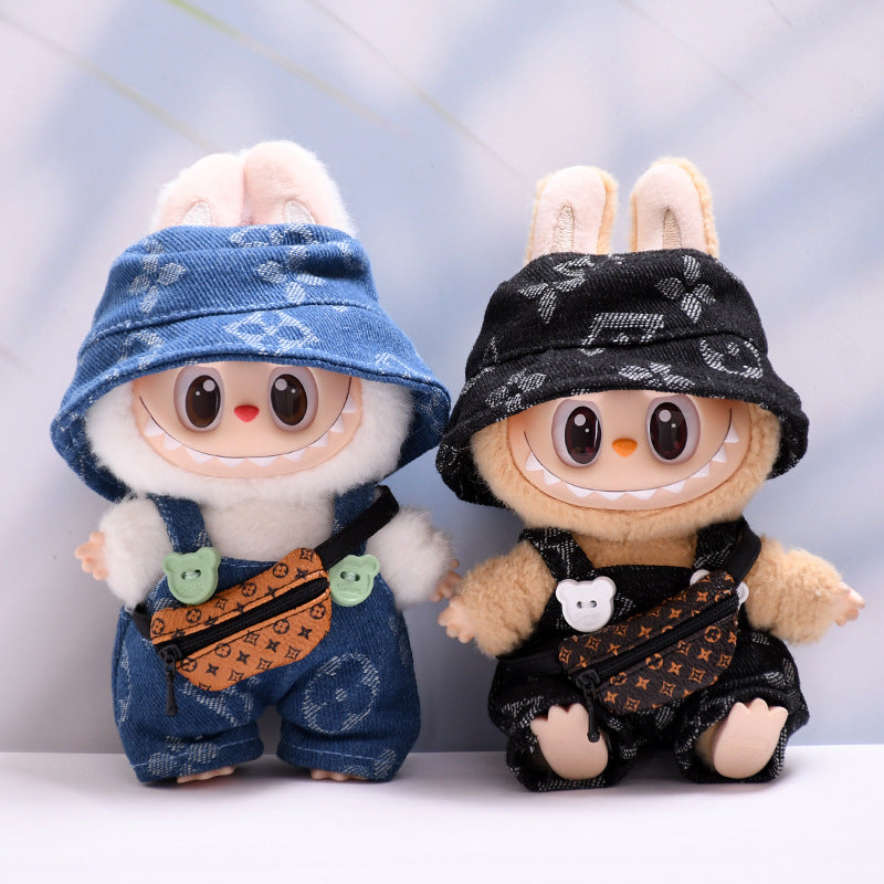 Labubu Series 1/2 Outfit - Printed Overalls & Hat for Keychain Doll Clothes Streetwear