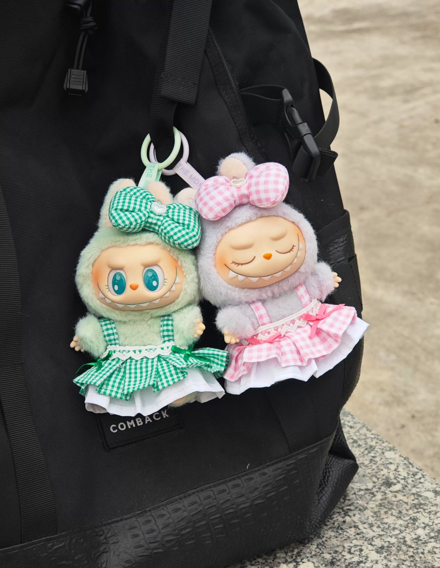Labubu Sitting Party Outfit - Pink Green Plaid Dress for Series 1/2 Vinyl Doll Clothes