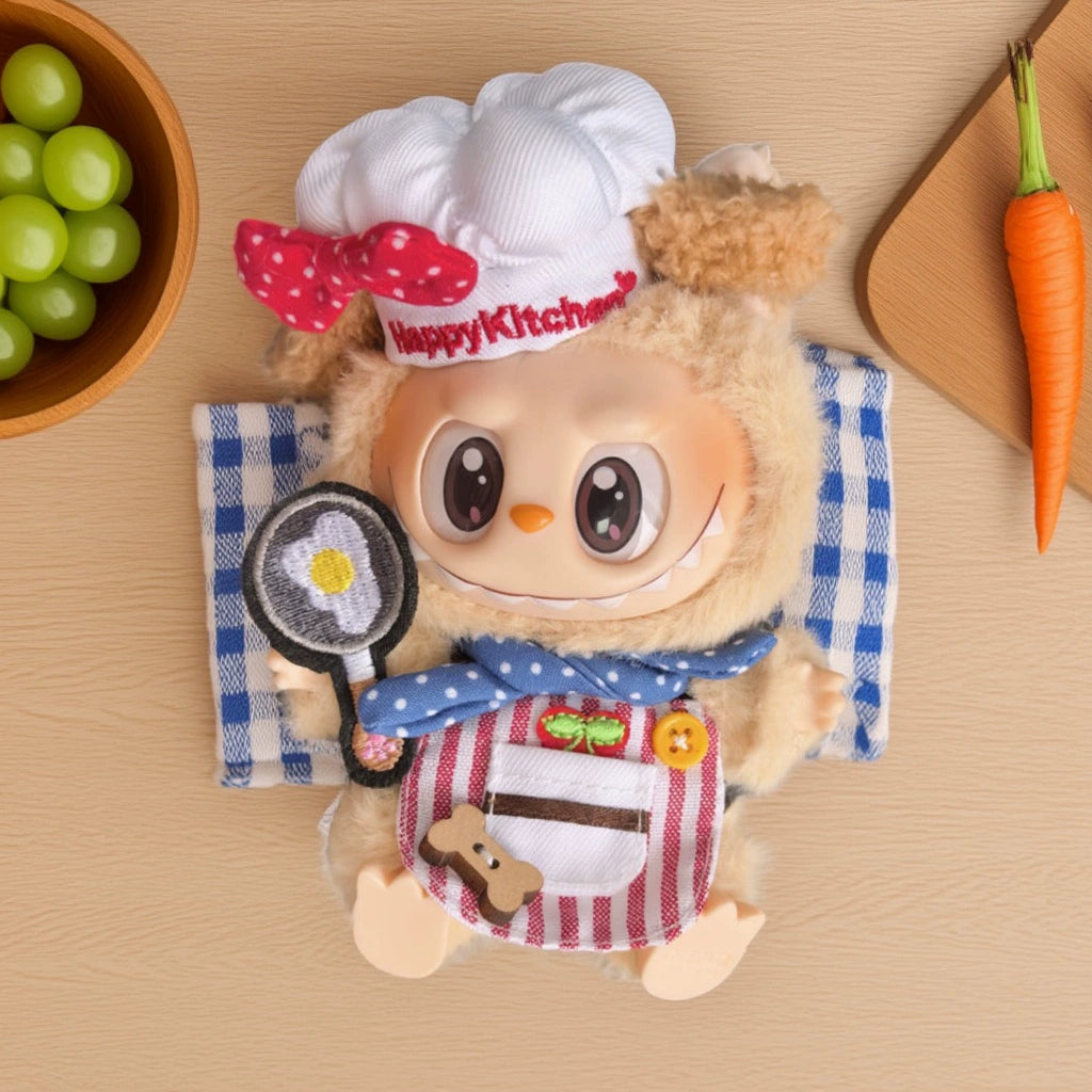15/17cm Labubu Chef Outfit - Pink Dot Kitchen Set for Sitting Party Series Doll