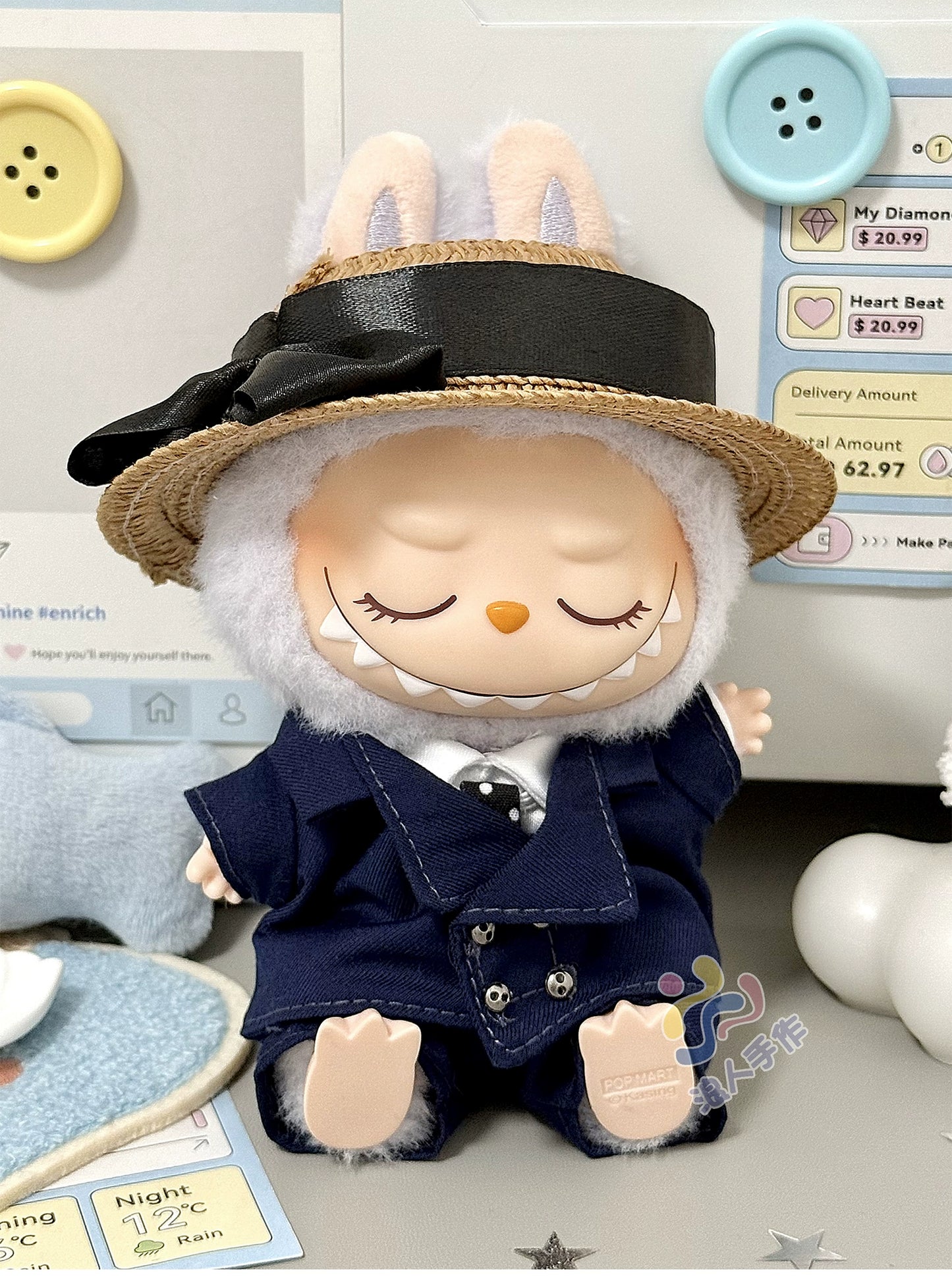 17cm Labubu GD Style Suit Set - G-Dragon Inspired Outfit for Series 1/2/3 Vinyl Doll