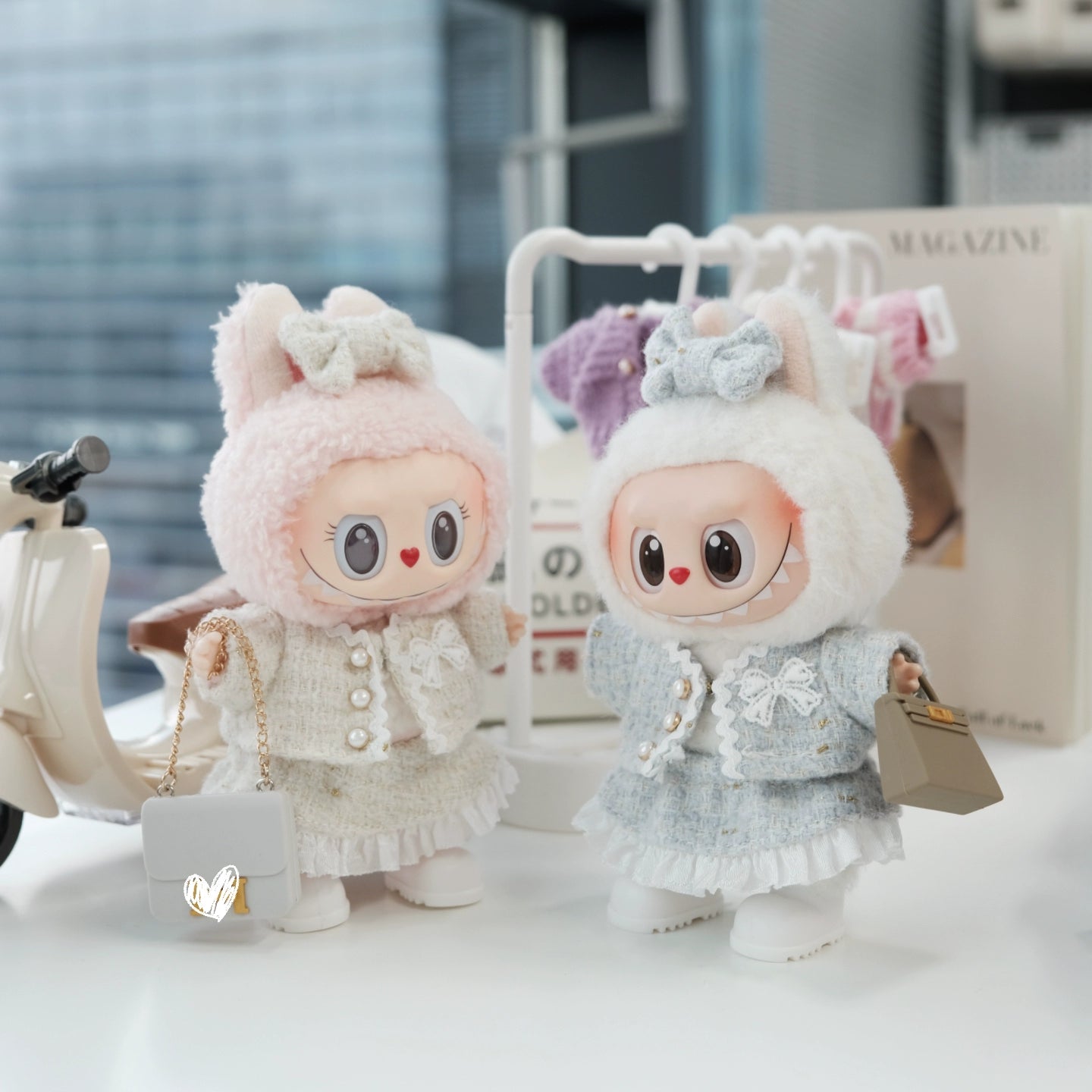 POP MART Labubu 17cm Doll Clothes - Pink Chanel-Style 4-Piece Set w/Purse for Blind Box Figures (No Doll Included) | Luxury Vinyl Keychain Outfit