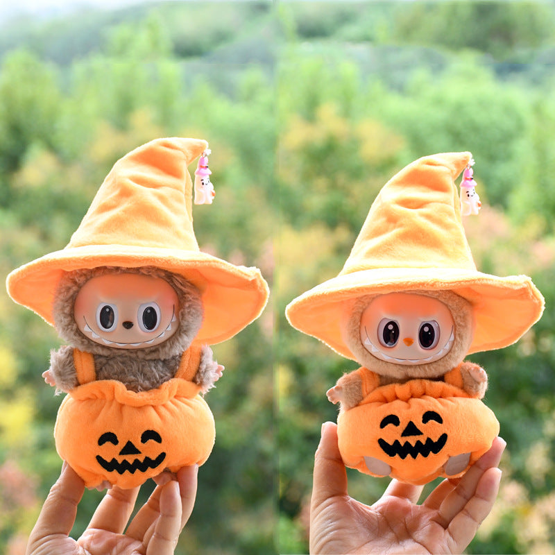 17cm Labubu 1st-2nd Gen Keychain Clothes Only | Halloween Pumpkin Costume Set with Black Witch Hat | Replacement Outfits for Vinyl Dolls