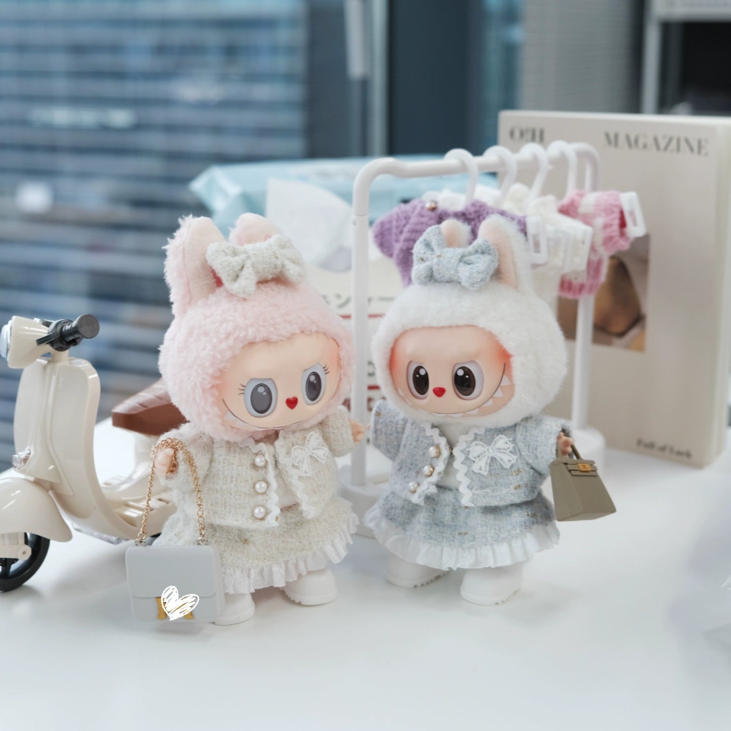 POP MART Labubu 17cm Doll Clothes - Pink Chanel-Style 4-Piece Set w/Purse for Blind Box Figures (No Doll Included) | Luxury Vinyl Keychain Outfit