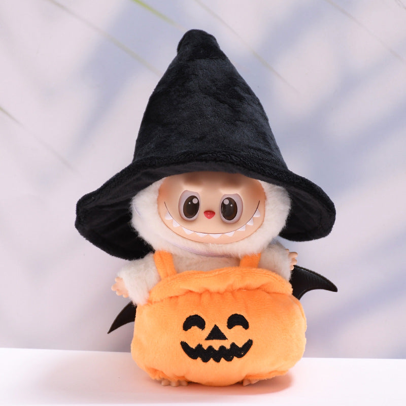17cm Labubu 1st-2nd Gen Keychain Clothes Only | Halloween Pumpkin Costume Set with Black Witch Hat | Replacement Outfits for Vinyl Dolls