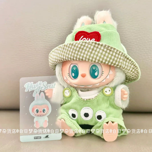 17cm Labubu Gen 2 Sitting Party Series Little Star Set | Heart Hat + T-Shirt + Overalls | Vinyl/Plush-Compatible Clothes Only for Blind Box Charms & Collectible Dolls