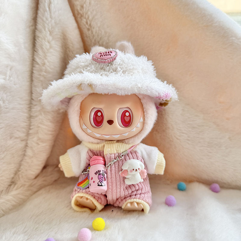 Labubu Series 1/2 Keychain Outfit - Heart Hat & Bottle Overalls Set for Doll Clothes