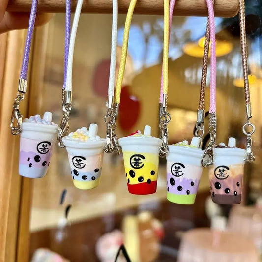 Resin Accessory: Mini Bubble Tea Cup Pendant, Tiny Doll Figurine, Miniature Doll Accessory & Cream-Colored Small Crossbody Bag