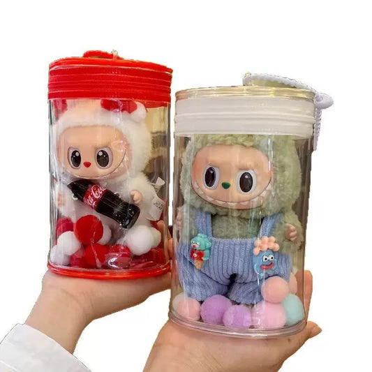 Labubu Doll Storage Bag - Red & Transparent Thick Canvas Cylinder Case