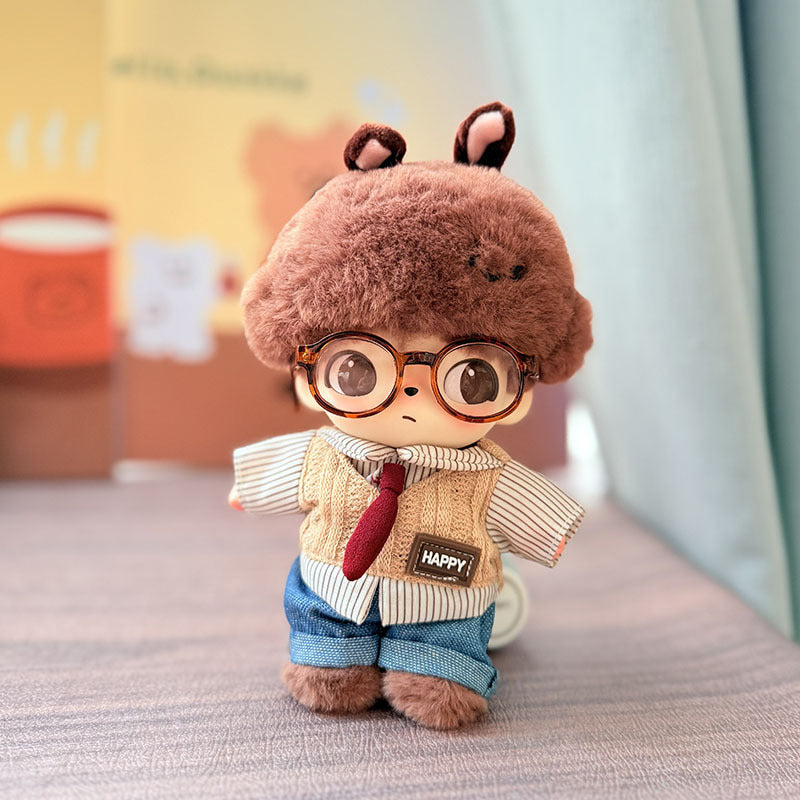DIMOO Prep School Outfit - Leopard Print Scarf + Khaki Roll-Up Pants + Chocolate Cardigan