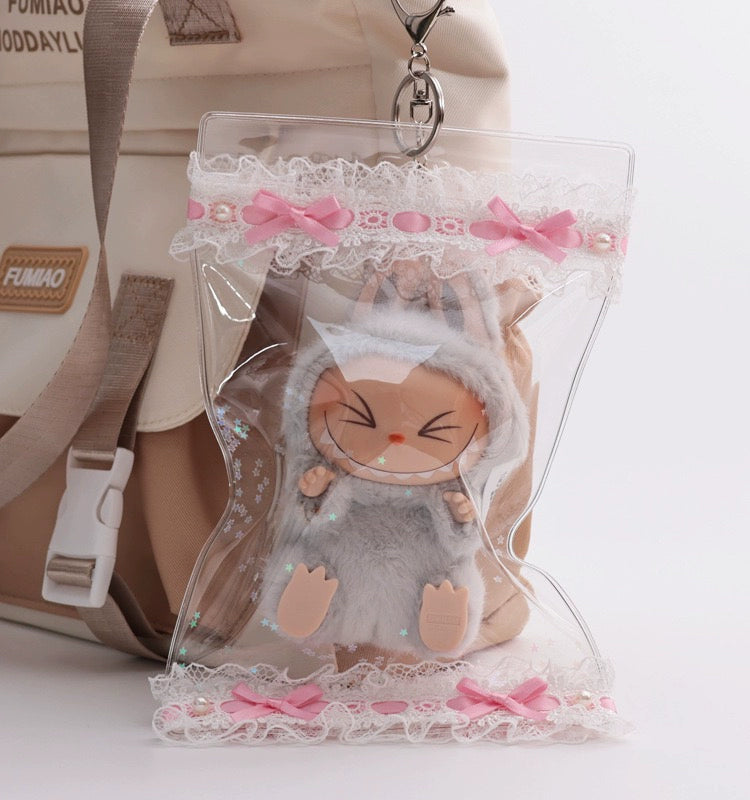 17cm Handmade Lace Doll Carrier - Clear Dustproof Bag for Hanging Display & Outdoor Use