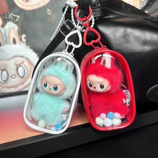 10.5cm Labubu 4th Gen Heart Code Collection Clear Acrylic Protective Case | Hard Shell Dust-Proof Collectible Carrier with Interior Pocket for Mini Keychain Charms