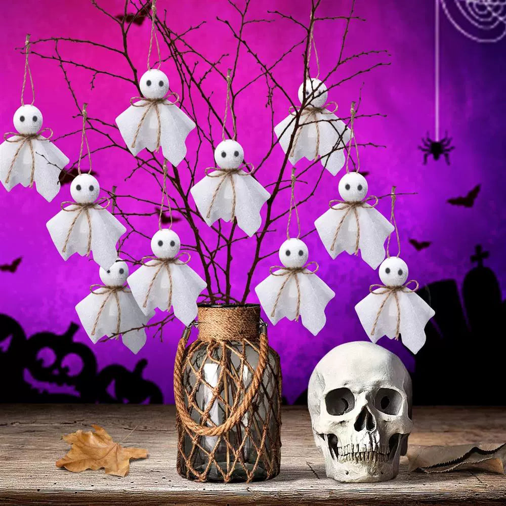 16 Pcs Halloween Ghost Hanging Ornaments, 3 Inch Small Hanging Ghosts Tree Ornaments, Farmhouse Rustic Cloth Ghosts Hanging Decoration for Haunted House Party Yard Tree Decor