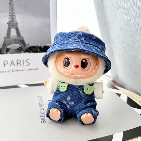 POP MART Labubu Sit-Sit Party Doll Clothes - Blue 4-Leaf Clover Hat & Pants Set for Gen 1/2 Figures 17cm (No Doll Included) | Keychain Compatible