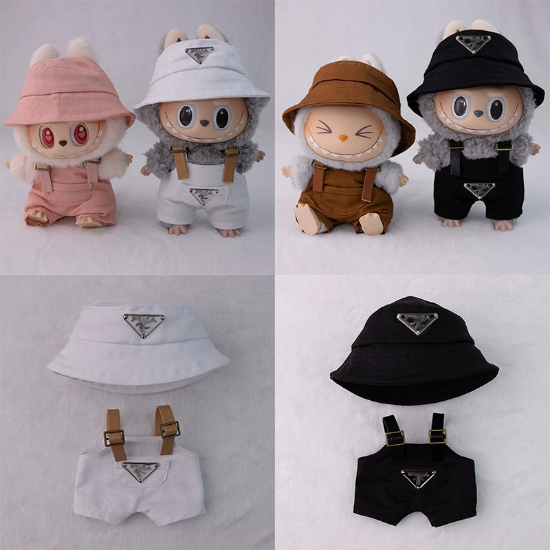 17cm Labubu Outfit Set - Khaki Overalls & Fisherman Hat for Fashion Vinyl Doll