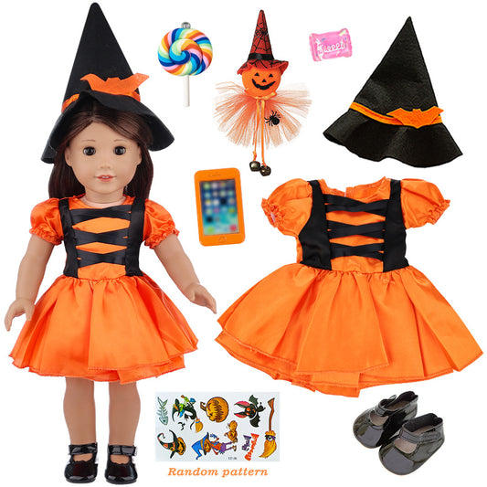 Halloween Doll Clothes for 18" American Girl Doll - Black Orange Witch Costume w/ Hat