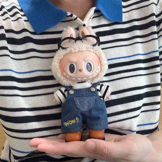 17cm Labubu Gen 1-3 Handmade Striped Denim Overalls Set | Vinyl/Plush-Compatible Clothes Only with Metal Buttons for Collectible Dolls