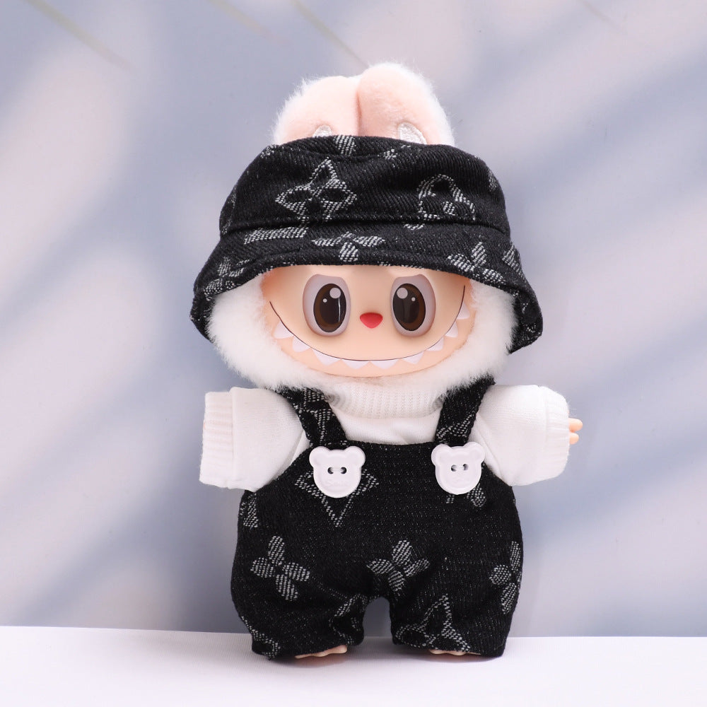 Labubu Series 1/2 Outfit - Printed Overalls & Hat for Keychain Doll Clothes Streetwear
