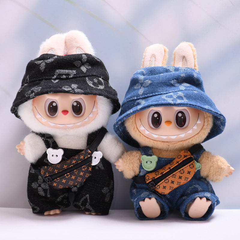 Labubu Series 1/2 Outfit - Printed Overalls & Hat for Keychain Doll Clothes Streetwear