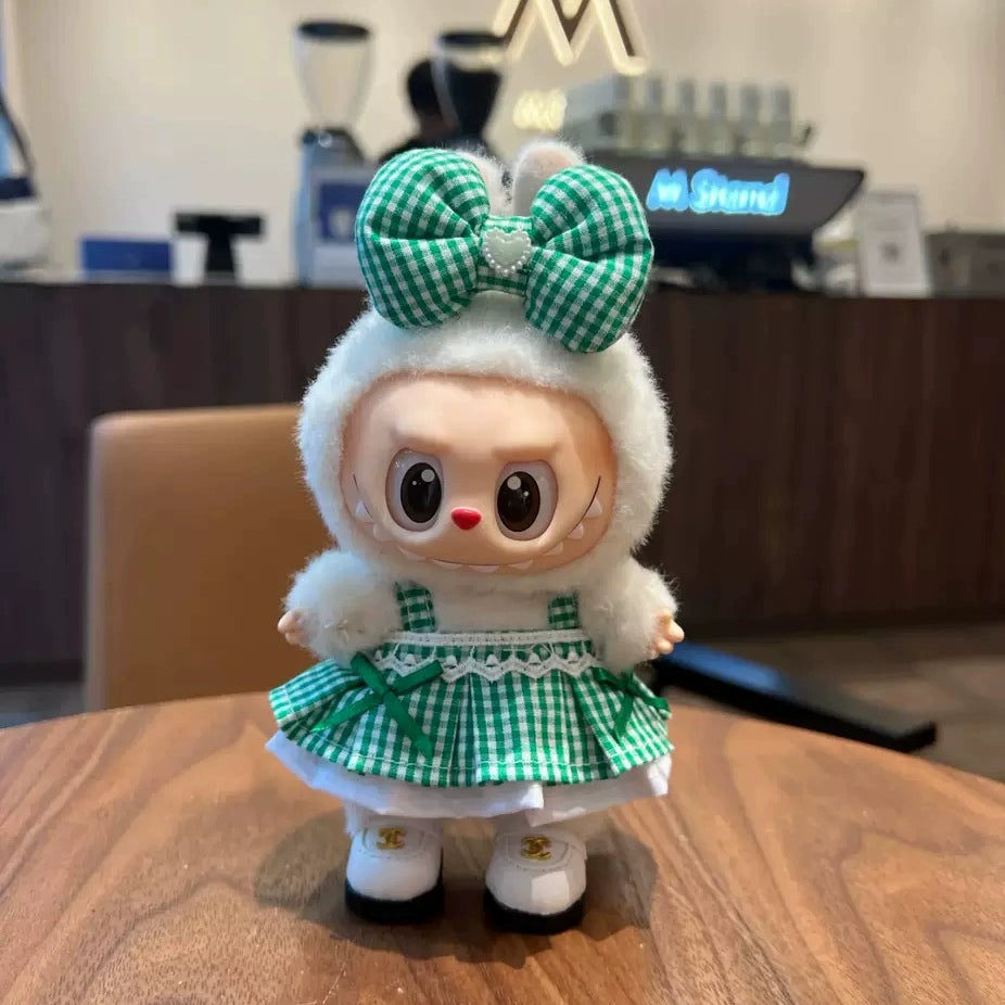 17cm Labubu Green Dress & Hair Clip - Sitting Party Outfit for Series 1/2/3 Vinyl Doll