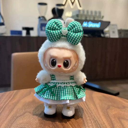 17cm Labubu Green Dress & Hair Clip - Sitting Party Outfit for Series 1/2/3 Vinyl Doll