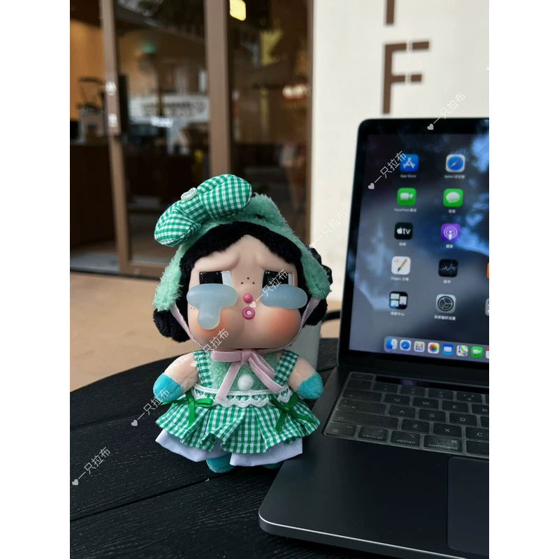 CRYBABY Tears Factory Outfit - Handmade Green Plaid Skirt & Bow for Plush Doll Clothes