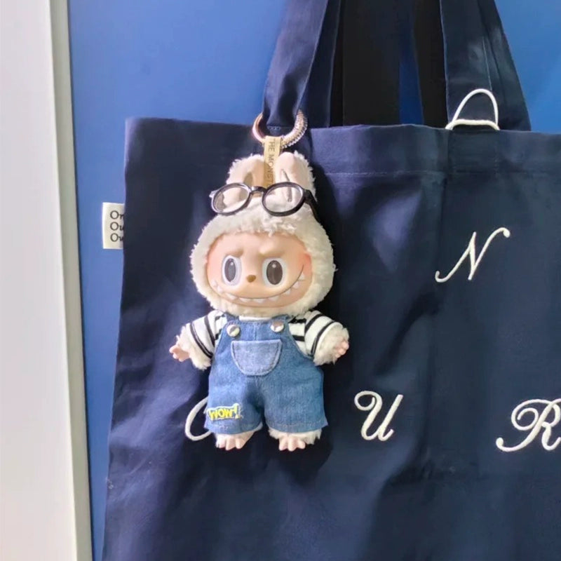 POP MART Labubu Doll Clothes - Striped Tee + Pocket Denim Overalls for Gen 1/2/3 Figures 17cm (No Doll Included)