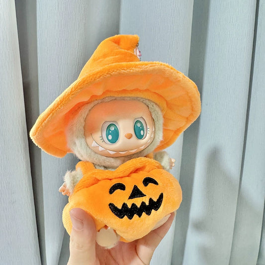 Halloween Labubu Costume Set - Pumpkin Jumpsuit & Witch Hat for Vinyl Figures