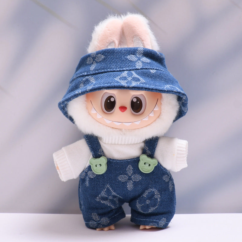 Labubu Series 1/2 Outfit - Printed Overalls & Hat for Keychain Doll Clothes Streetwear