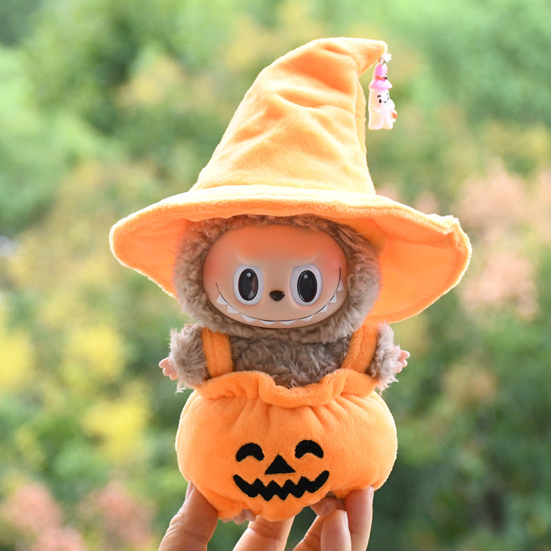 17cm Labubu 1st-2nd Gen Keychain Clothes Only | Halloween Pumpkin Costume Set with Black Witch Hat | Replacement Outfits for Vinyl Dolls