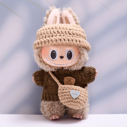 Labubu Series 1/2 Outfit - Brown Knit Sweater Set w/ Hat & Bag for Keychain Doll