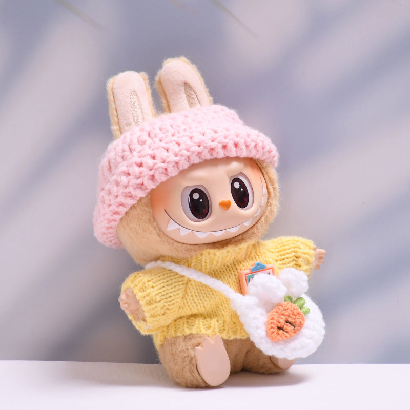 Labubu Series 1/2 Outfit - Brown Knit Sweater Set w/ Hat & Bag for Keychain Doll