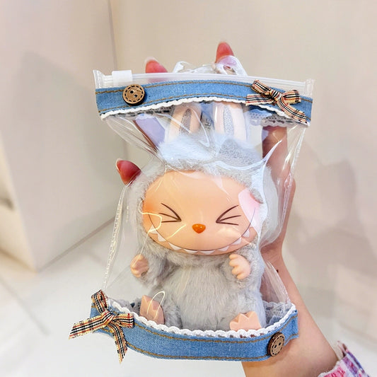 17cm Labubu Gen 1-3 Clear Acrylic Dust-Proof Display Case with Detachable Strap & Keychain Charm | Vinyl/Plush-Compatible Transparent Tote for Collectible Dolls & Accessories