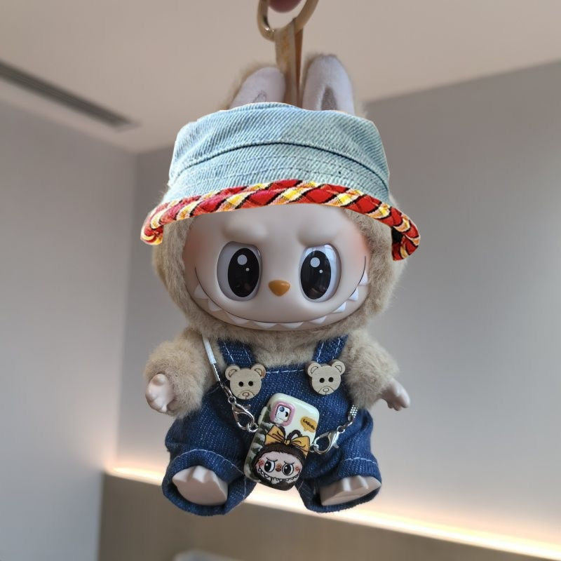 17cm Labubu Denim Overalls Hat Set & Phone Strap for Keychain Doll Accessories