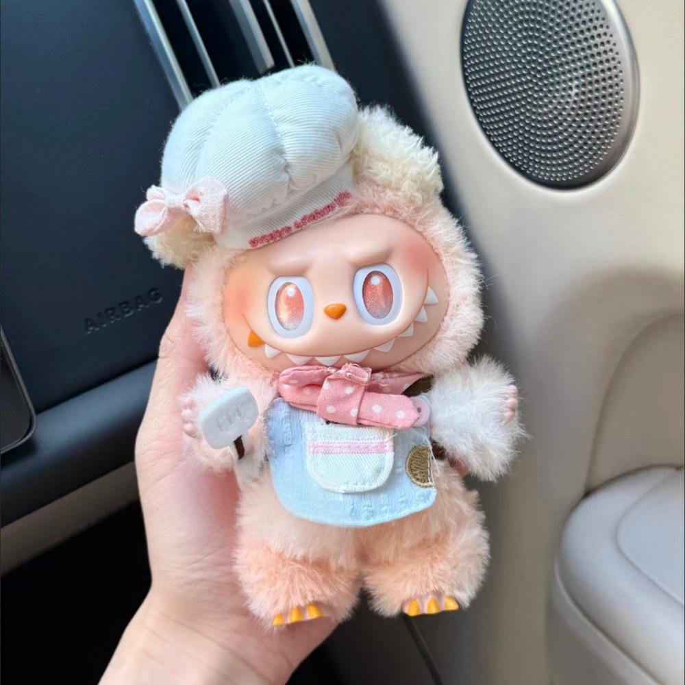 17cm Pop Mart Labubu Gen 1-3 Handmade Polka Dot Chef Outfit Set | Apron + Chef Hat + Top | Vinyl/Plush-Compatible Clothes Only with Detachable Keychain Charm