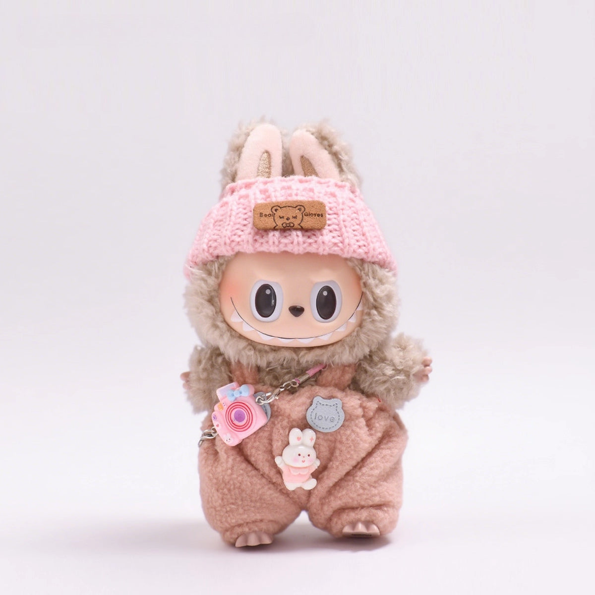 Labubu Outfit - Knit Sweater & Overalls Set w/ Hat & Bag for Keychain Doll