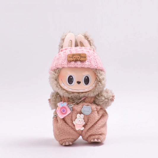 Labubu Outfit - Knit Sweater & Overalls Set w/ Hat & Bag for Keychain Doll