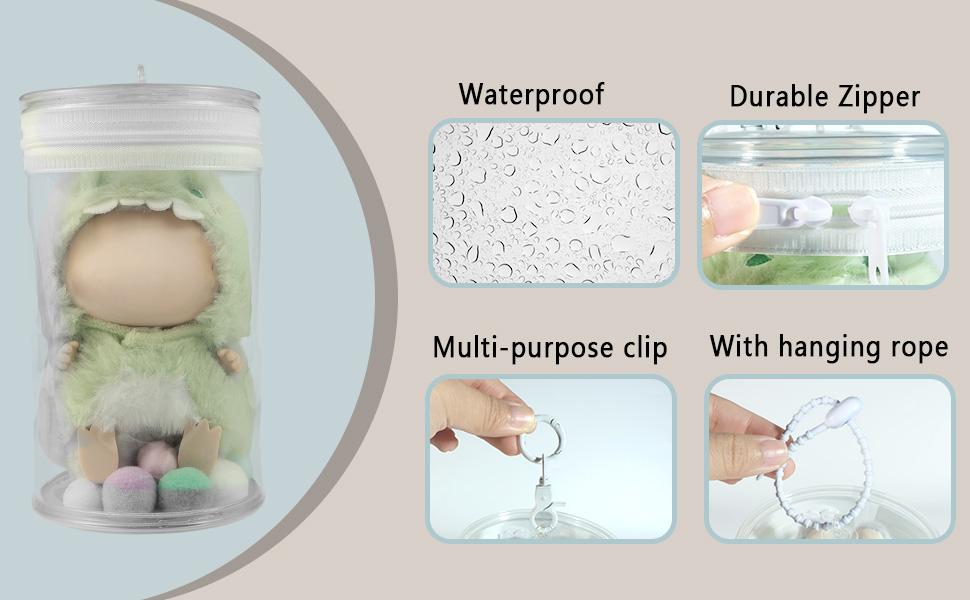 LABUBU Protective Case for Doll Display Bag with Keychain Accessories for Dustproof Waterproof Doll Storage Zipper Case(White)